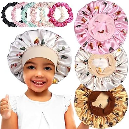 3pcs Satin Bonnets for Kids Sleeping, Cute Hair Bonnet with Scrunchies for Girls Curly Hair, B