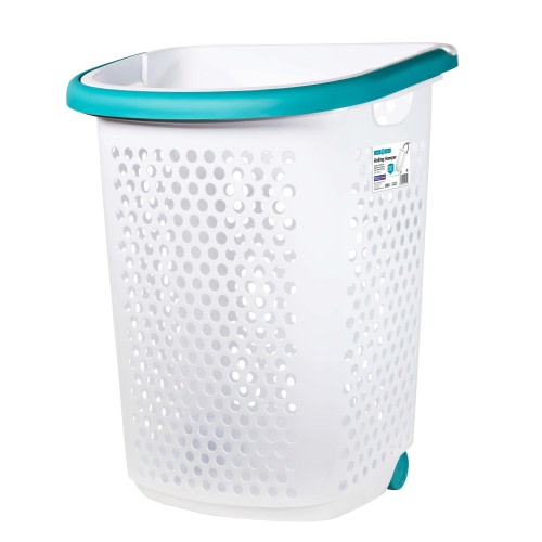 Home Logic 2 Bushel Rolling Plastic Laundry Hamper with Pop-up Handle, White, Adult / Tween