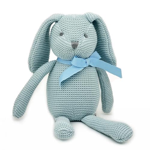 FLUFFYFUN 100% Organic Cotton Baby Toys Blue Bunny Rabbit Stuffed Animals for Newborn 7.1"