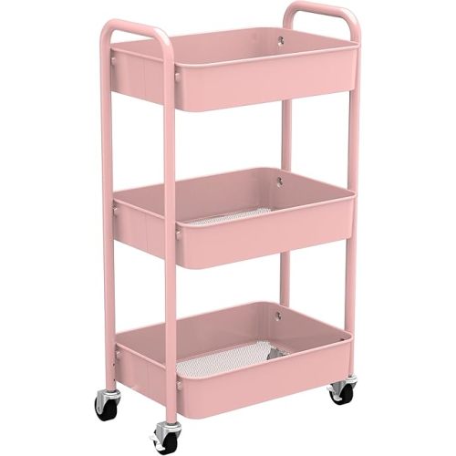 CAXXA 3-Tier Rolling Metal Storage Organizer - Mobile Utility Cart with Caster Wheels, Pink