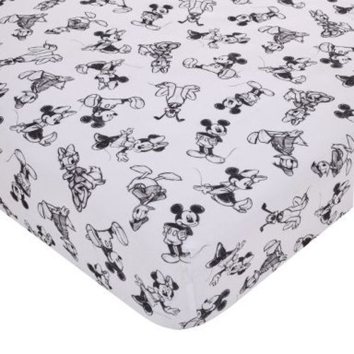 NoJo Disney Mickey Mouse - Charcoal, Black and White Mickey and Friends, Minnie Mouse, Donald Duck and Pluto Nursery Fitted Crib Sheet