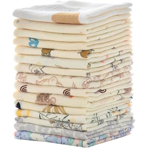 MUKIN Baby Washcloths, Natural Cotton Face Towels, 15 Pack, 12x12 inches