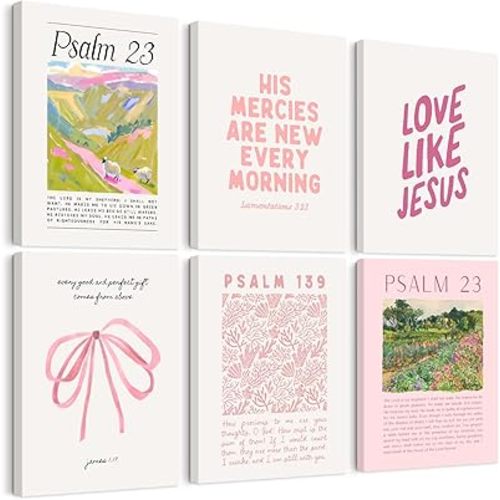 Pink Christian Wall Art Bible Verse Canvas Poster Floral Wall Decor Religious Pictures Girls Room Prints Scripture Poster Bundle Bow Artwork Trendy Preppy Painting for Bedroom 8x10 Inch Ready to Hang