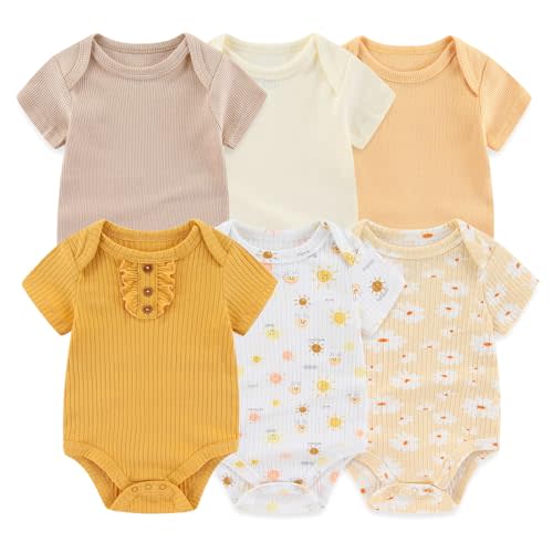Ruliby Baby Bodysuit 6 Pack Soft Mixed Ribbed Short Sleeve Romper Infant Boy Girl Clothes Set