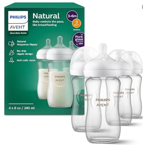 Philips Avent Natural Glass Baby Bottles with Natural Response Nipples (Medium Flow, Flow 3), 8oz, 4-Pack, SCY913/04