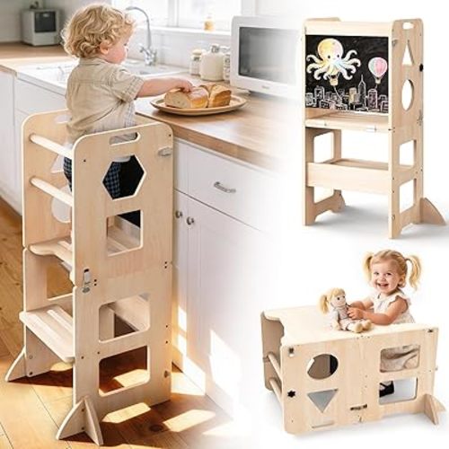 Woodure 3-in-1 Toddler Kitchen Step Stool, Foldable Learning Standing Tower with Blackboard, Wooden Kitchen Stool Helper for Kids