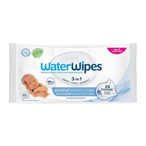 WaterWipes Sensitive+ Newborn & Baby Wipes, 3-In-1 Cleans, Cares, Protects, 99.9% Water, Unscented & Hypoallergenic, 60 Count