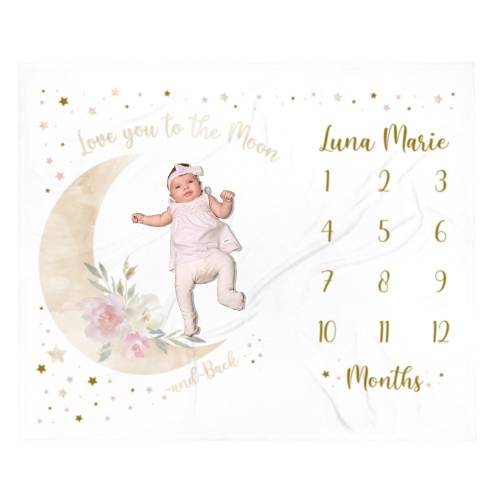 Moon Baby Milestone Blanket Girl, First Year Calendar Monthly Growth Tracker Personalized Name Month Blanket I Love You to the Moon and Back