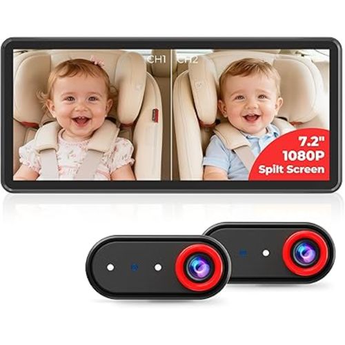 LUCKVIEW BM5PRO Double Car Camera for 2 Baby，7.2" 1080P Split Screen with IR Night Vision, Real-Time Monitoring Baby Car Camera,Easy Install, Family Travel Companion for Kids & Pets