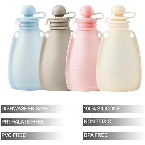 PandaEar Reusable Silicone Baby Food Pouches, 4 Pack Squeeze Pouches for Toddler Kids, BPA-Free Silicone Refillable Baby Food Storage, 5 oz