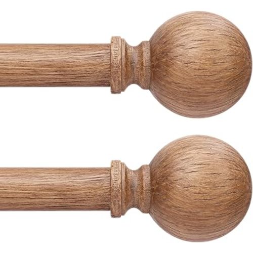 2 Pack Wood Curtain Rods for Windows 30 to 56 Inch, 1" Diameter Adjustable Rustic Metal Drapery Rod with Faux Wood Grain Finials, Heavy Duty Decorative Farmhouse Curtain Pole for Living Room