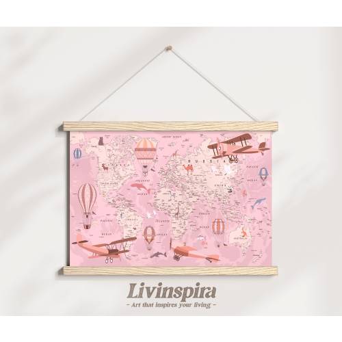 Educational World Map Poster for Girl | Hot Air Balloons & Planes Nursery Wall Art | Child's Animal Learning Adventure – Poster Hanger #96-1