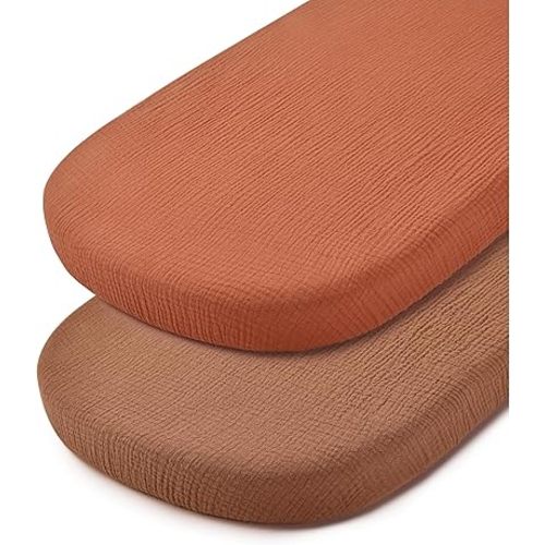 TILLYOU Muslin Bassinet Sheets Girls Boys, 100% Cotton Bassinet Sheets, Fit Oval, Rectangle and Square Mattress, 2 Pack，Caramel&Brown