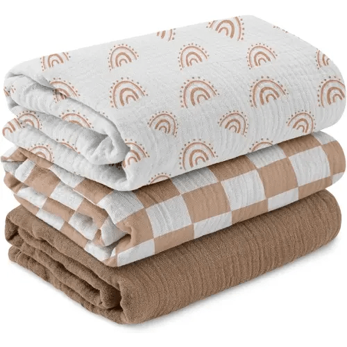 Muslin Swaddle Blankets for Newborn, 3 Pack Breathable Soft Receiving Blanket, Large 38 x 40 inches Swaddle Wrap Burping Clothes Diapers, Essentials Infant Shower Items, Toddler Gift (Rainbow & Grid)