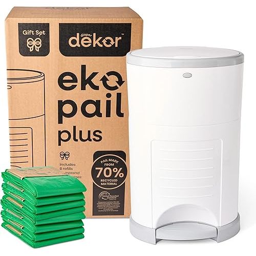 Diaper Dekor EKO Plus Diaper Pail Gift Set, White | ONLY Eco-Friendly Diaper Pail Made with 70% Recycled Materials | Comes with up to a Year's Supply Worth of Diaper Dekor Refills!