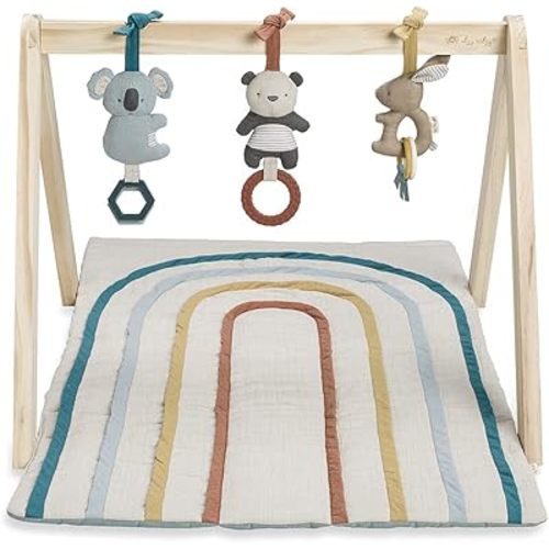 Itzy Ritzy Baby Activity Gym with Quilted Play Mat and 3 Removable Toys - Premium Wooden Baby Gym for Infant Play, Includes Playmat and 3 Coordinating Toys (Rainbow)