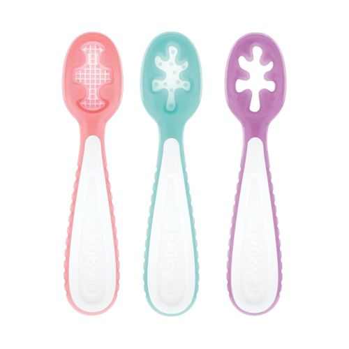Nuby 3-Stage Baby's First Spoons Set - 3 Pack - 6+ Months - Baby Spoons with Easy Grip Handle - Encourages Self-Feeding - Rose/Aqua/Violet