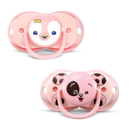 RaZbaby Keep-It-Kleen Baby Pacifier 2-Pack Closes When Dropped - BPA-Free Silicone Orthodontic Nipple, Ideal for Travel, Nipple Stays Clean, 0-36 Months - Pink Penguin/Puppy Design