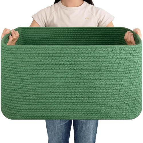 75L Large Blanket Basket, Woven Cotton Rope Baskets for Organizing 22”x17”x12”, Blanket Basket living Room, Toy Storage Bins for Nursery, Green