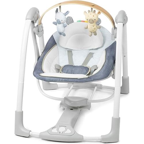 Ingenuity Swing n Go Portable Swing, Removable Sustainably Sourced Wood Toy Bar, 5-Speed, for Ages 0-9 Months, Up to 20 Pounds - Chambray