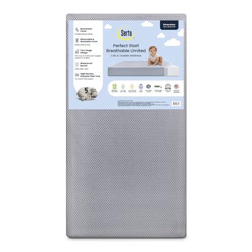 Serta Perfect Start Breathable Limited Two -Stage Crib Mattress and Toddler Mattress - Breathable Cover and Fiber Core, Machine Washable Cover, Waterproof, 7 Year Warranty, Made in USA