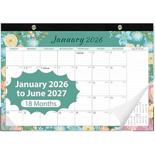 2026 Desk Calendar, Monthly Calendar, 18 Months (Jan 2026 - Jun 2027), Large Desktop Calendar 17" x 12" for Home, Office or School, Watercolor Floral