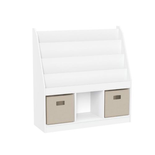 RiverRidge Kids' Playroom Bookrack with 3 Toy Organizer Cubbies and 4 Book Shelves White with 2 Taupe Fabric Bins: Kids Bookshelf