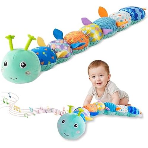 Baby Sensory Toys 0-12 Months, Plush Toys with Music and Rattle, Suitable for Newborn Baby Tummy time, can be Used as a Newborn Birthday, Holiday, Baptism Gift (Blue Caterpillar)
