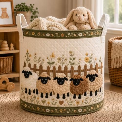 Sheep Quilted Laundry Basket, Farmhouse Lamb Nursery Hamper, Daisy Floral Farm Animal Baby Storage Basket, Cottagecore Nursery Decor
