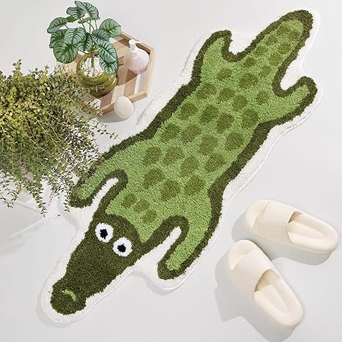 Panstar Crocodile Bath Mat for Bathroom, Cute Animal Bath Mats Non Slip Alligator Shaped Absorbent Bathtub Rug Bathroom Plush Shower Rugs