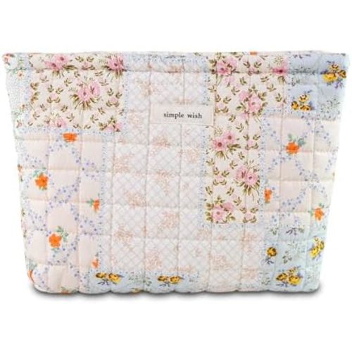 Quilted Cotton Makeup Pouch, Large Floral Makeup Bag for Women, Kawaii Travel Cosmetic Pouch Coquette Organizer Bag