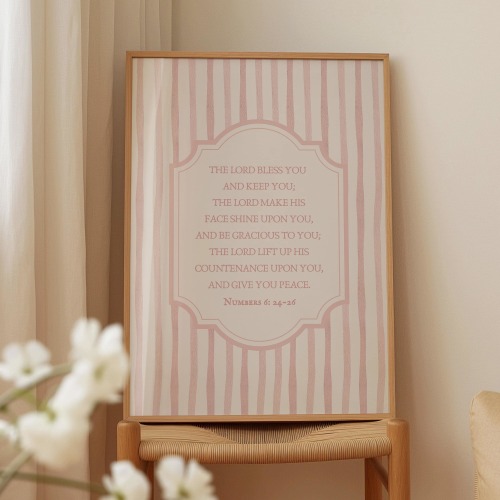 Pink Stripes Christian Nursery Print: The Lord Bless You, Coastal Bible Verse Art,  Digital Download