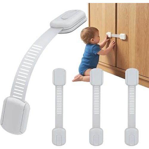 Child Proof Cabinet Locks - Cabinet Locks Baby Proofing with 3M Adhesives for Refrigerator, Oven, Cupboards, Toilet Seat - Adjustable,Easy Installation,No Drilling (4 Pack)