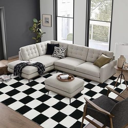 Lahome 6x9 Checkered Rug for Living Room, Modern Washable Black and White Rug for Bedroom, Cotton Woven Large Checkerboard Rug, Low Pile Checker Carpet for Kids