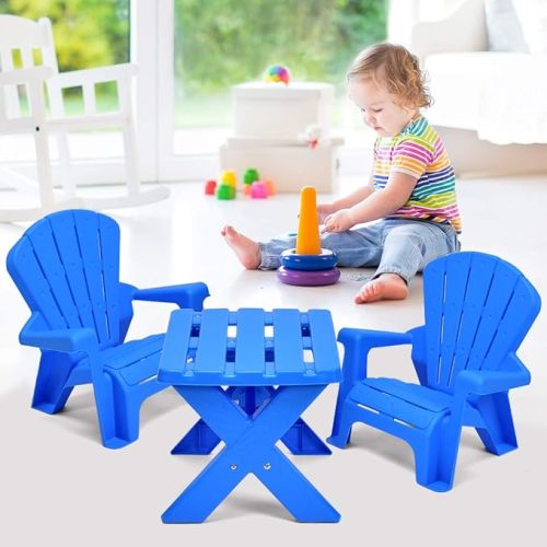 Costzon Kids Table and Chair Set, Outdoor Toddler Activity Table and Adirondack Chairs for Picnic, Garden, Patio, Backyard & Beach, Kids Outdoor Table and Chair Set (Blue) - 19.5’’x16’’x15’’(LxWxH)