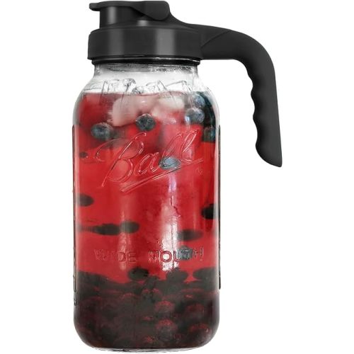 Glass Mason Jar Pitcher with Lid - Wide Mouth 2 Quart (64 oz / 1.9 Liter) Heavy Duty - Leak Proof Water Jug with Filter Lid for Juice, Milk, Cold Brew Coffee, Iced Tea, Drinks and More - Black