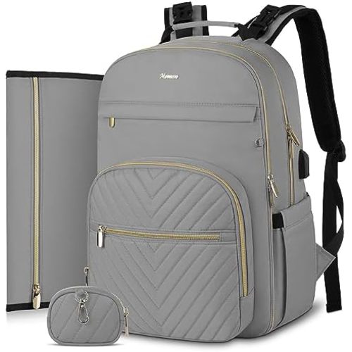 MOMUVO Diaper Bag Backpack, Quilted Baby Bag with Changing Pad and Stroller Straps and Pacifier Case, Large Travel Diaper Bags for Mom Dad, Grey