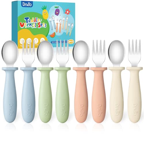 DRKIO 8 Pieces Toddler Utensils Set - Kids Silverware Set with Silicone Handle Children Safe 18/8 Stainless Steel Forks and Spoons Anti-Choke Design Food Grade Dishwasher Safe
