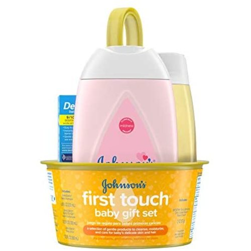 Johnson's First Touch Baby Gift Set, Baby Bath, Skin, & Hair Essential Products, Kit for New Parents with Wash, Shampoo, Lotion, & Diaper Rash Cream, Hypoallergenic & Paraben-Free, 5 Items