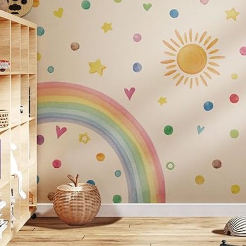 Large Rainbow Sun Wall Decals Peel and Stick, Vibrant Colorful Rainbow Polka Dots Stars Heart Wall Stickers, Whimsical Rainbow Wall Art Decor Murals for Baby Nursery Girls Bedroom Living Room