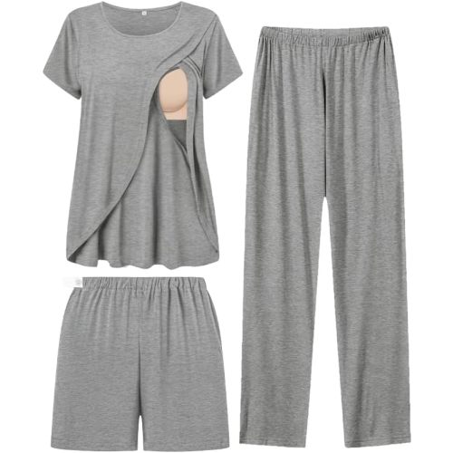 SWOMOG Women Maternity Pajamas Sets 3 Pcs Adjustable Breastfeeding Nightwear Double Layer Short Sleeve Pregnancy Pjs Set