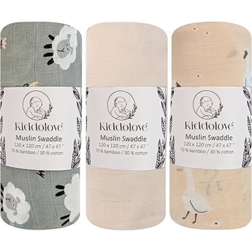 Muslin Swaddle Blankets for Newborns – 3 Pack Soft Baby Blankets for Boys and Girls – Breathable and Gentle – Large 47x47 Inches – Little Farm – Essentials for Baby Shower, Infant Care