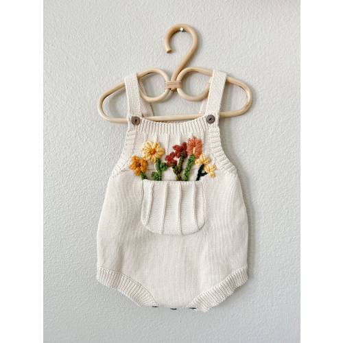 Custom Hand Embroidered Pocket of Flowers Knit Romper, Custom Romper, pocket Romper, wild one, Milestone, children’s clothes, gift, summer