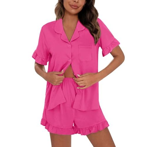 SWOMOG Woman Pajama Set Short Sleeve Pjs Set 2Pcs Short Pajamas Button Down Ruffle Hem Sleepwear Soft Modal Loungewear