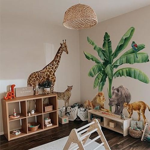 astrkiz Extra Huge Safari Animals Wall Mural Sticker Peel and Stick, Textured Vinyl Rhinoceros Jungle Wallpaper, Nursery Safari Animals Wall Art Decor for Boys Bedroom Playroom Kids Room