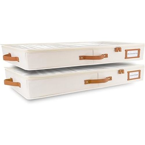 HOMELUX THEORY 2pc Low Profile Under Bed Storage Containers, Thin Under Couch Storage Organizer with Bins & Lids, Underbed Storage Box Ideal for Seasonal Clothes, Blankets, Fabric & Shoes (Ivory)