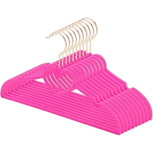 Velvet Kids Hangers, 50 Pack, 12.8 Inch, Non-Slip, 360 Swivel Rose Gold Hook, Ultra Thin Space-Saving - Toddler & Baby Hangers for Closet (Hot Pink)
