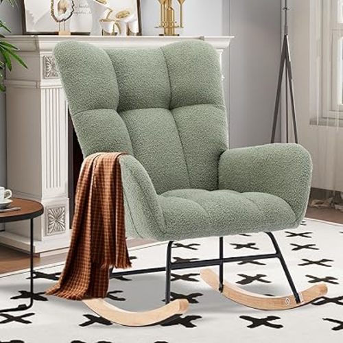 Nursery Rocking Chair Teddy Upholstered Glider Rocker,Rocking Accent Chair Padded Seat with High Backrest,Solid Wood Legs for Nursery Bedroom Living Room(Light Green