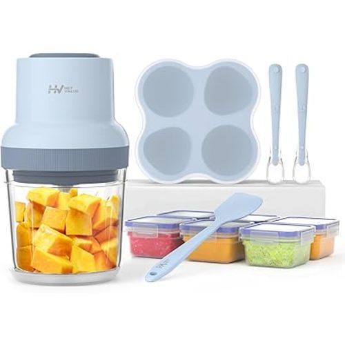 HEYVALUE Baby Food Maker, 13-in-1 Baby Food Processor Sets, Baby Food Puree Blender for Fruit, Vegatable, Meat, with Baby Food Containers, Freezer Tray, Silicone Spoons, Silicone Spatula (Light Blue)