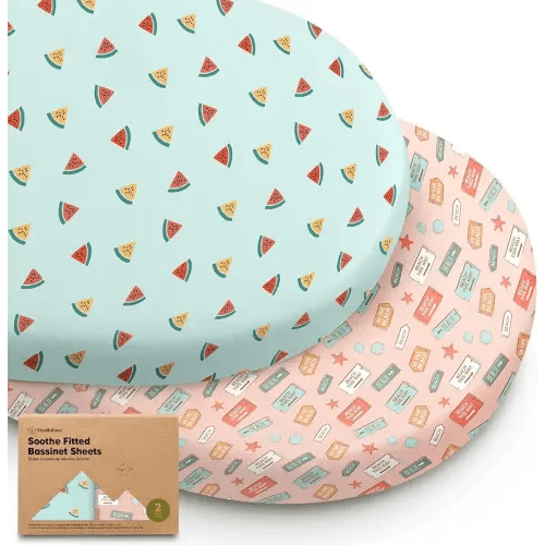 2-Pack Organic Bassinet Sheets for Girls, Boys - 100% Cotton Bassinet Mattress Sheets Compatible with Halo Bassinest Swivel Sleeper, Graco,Baby Delight,Chicco,Unisex Fitted Bassinet Sheets (Beach Day)